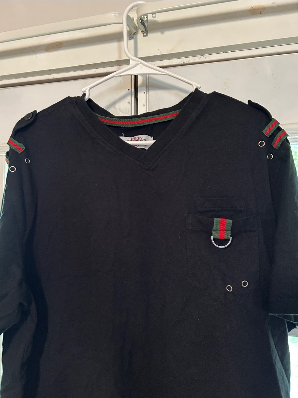 Men's Black V-Neck Dress Shirt with Green-Red Web Trim